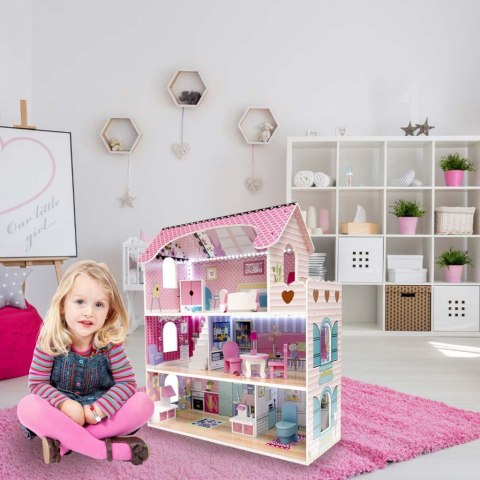 Domek dla lalek drewniany MDF mebelki 70cm różowy LED Domek dla lalek drewniany MDF mebelki 70cm różowy LED