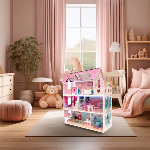 Domek dla lalek drewniany MDF mebelki 70cm różowy LED Domek dla lalek drewniany MDF mebelki 70cm różowy LED