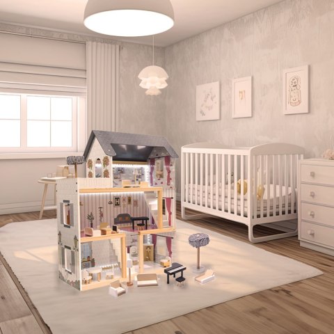 Domek dla lalek drewniany MDF mebelki 78cm czarny LED Domek dla lalek drewniany MDF mebelki 78cm czarny LED
