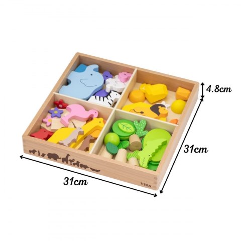 VIGA Drewniane Klocki Kolorowe Opowieści Tropikalne Pudełko 55el.