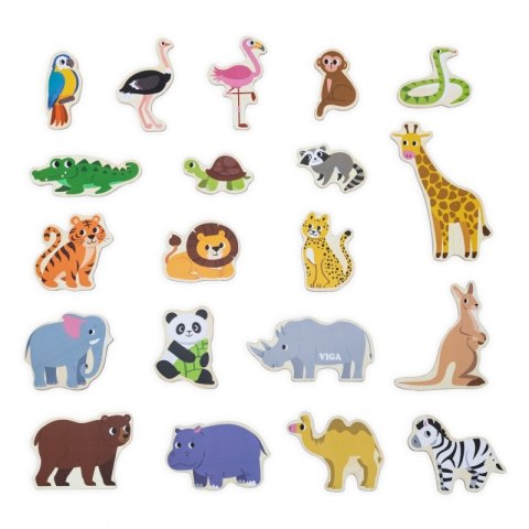 VIGA Drewniane Magnesy Dzikie Zwierzęta - Kolorowe Magnesy Edukacyjne 18M+