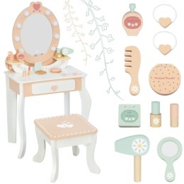 TOOKY TOY Drewniana Toaletka z Krzesełkiem Akcesoria Lustro z Oświetleniem LED + Kosmetyki