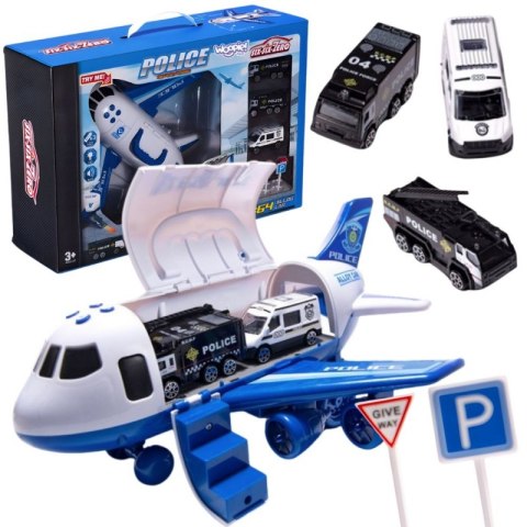 WOOPIE Samolot Rozkładany Transporter Policja z 3 Autami Policyjnymi Zestaw XL Znaki Drogowe
