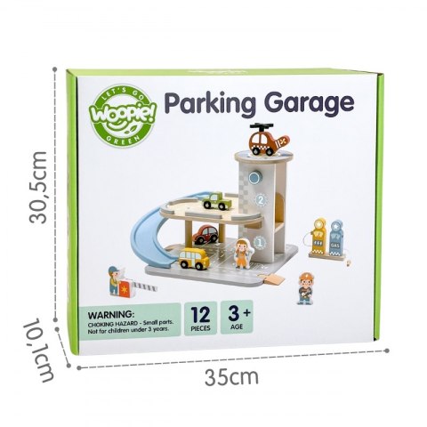 WOOPIE GREEN Drewniany Parking Piętrowy 2w1 Stacja Benzynowa z Autkami i Figurkami 12 el. FSC