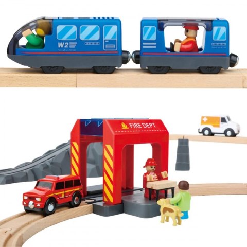 Tooky Toy Drewniana Kolejka Elektryczna Straż Pożarna Efekty Dźwiękowe 70 el. FSC