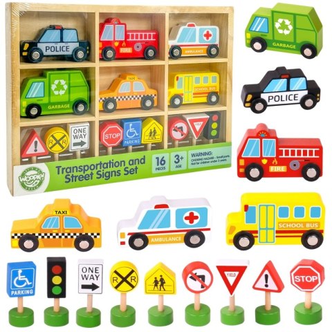 WOOPIE GREEN Zestaw Drewnianych Pojazdów i Znaków Drogowych 15 el.