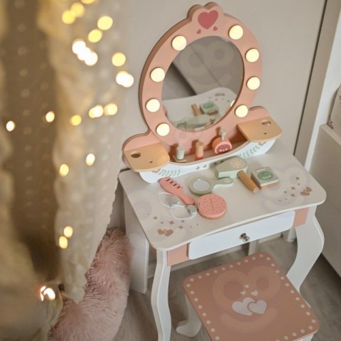 TOOKY TOY Drewniana Toaletka z Krzesełkiem Akcesoria Lustro z Oświetleniem LED + Kosmetyki