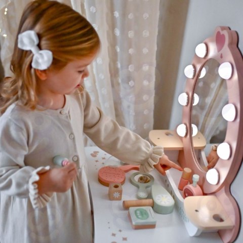 TOOKY TOY Drewniana Toaletka z Krzesełkiem Akcesoria Lustro z Oświetleniem LED + Kosmetyki