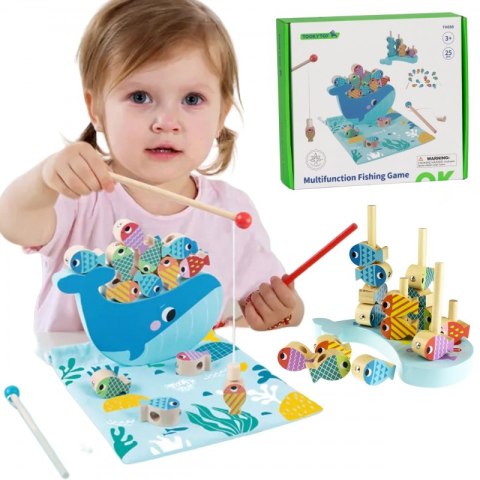 TOOKY TOY Drewniana Gra Wieloryb i Rybki Wielofunkcyjna 4w1 Montessori Łowienie Rybek Stacker Nawlekanka Wieża FSC