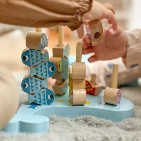 TOOKY TOY Drewniana Gra Wieloryb i Rybki Wielofunkcyjna 4w1 Montessori Łowienie Rybek Stacker Nawlekanka Wieża FSC