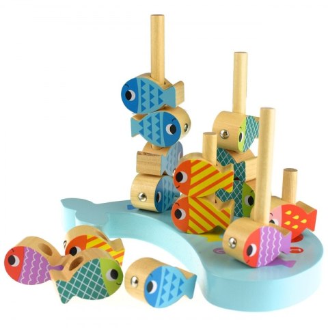 TOOKY TOY Drewniana Gra Wieloryb i Rybki Wielofunkcyjna 4w1 Montessori Łowienie Rybek Stacker Nawlekanka Wieża FSC