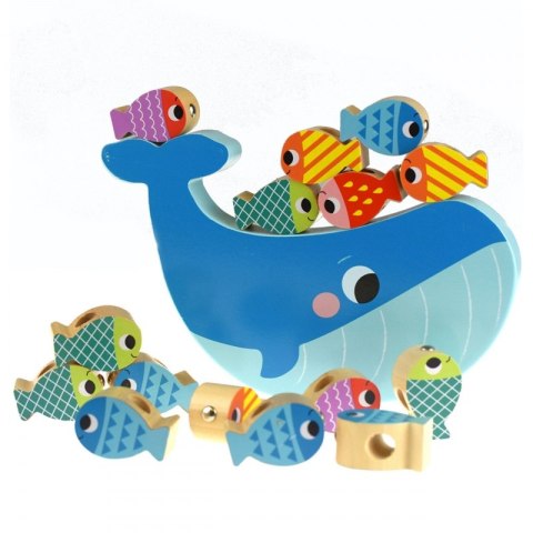 TOOKY TOY Drewniana Gra Wieloryb i Rybki Wielofunkcyjna 4w1 Montessori Łowienie Rybek Stacker Nawlekanka Wieża FSC