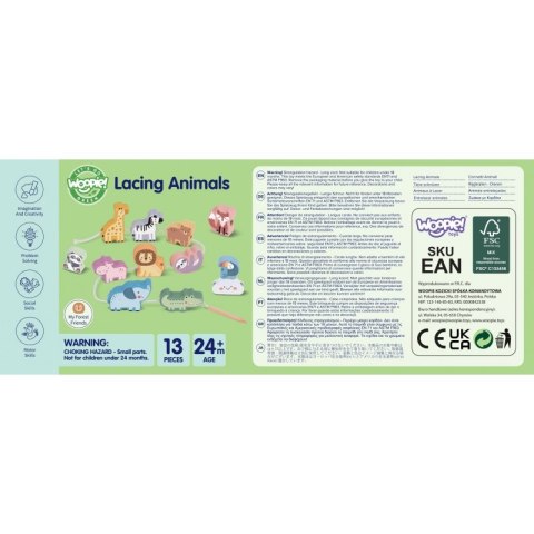 WOOPIE GREEN Drewniana Nawlekanka Klocki Przeplatanka ZOO Montessori 13 el.