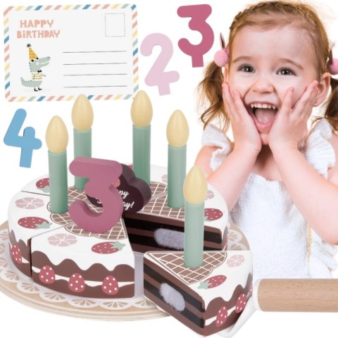 TOOKY TOY Drewniany Tort Urodzinowy do Krojenia na Rzepy ze Świeczkami i Kartką Urodzinową 20 el.