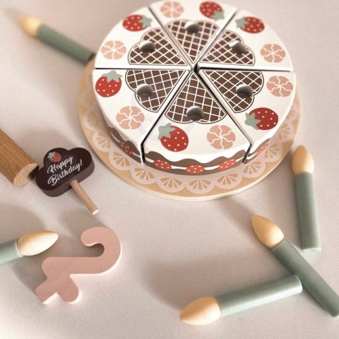 TOOKY TOY Drewniany Tort Urodzinowy do Krojenia na Rzepy ze Świeczkami i Kartką Urodzinową 20 el.