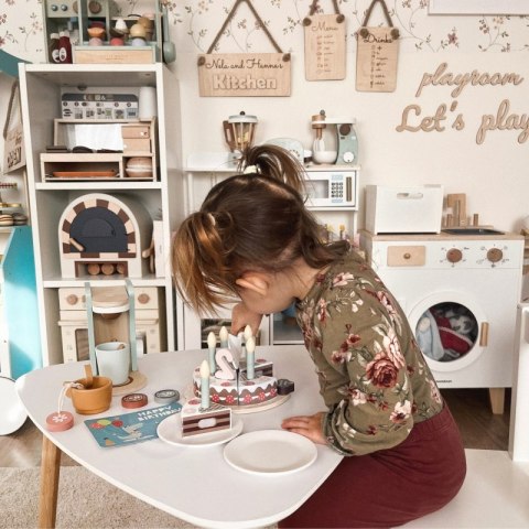 TOOKY TOY Drewniany Tort Urodzinowy do Krojenia na Rzepy ze Świeczkami i Kartką Urodzinową 20 el.