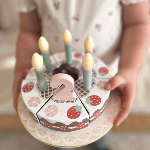 TOOKY TOY Drewniany Tort Urodzinowy do Krojenia na Rzepy ze Świeczkami i Kartką Urodzinową 20 el.