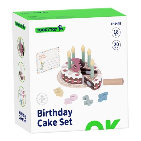 TOOKY TOY Drewniany Tort Urodzinowy do Krojenia na Rzepy ze Świeczkami i Kartką Urodzinową 20 el.
