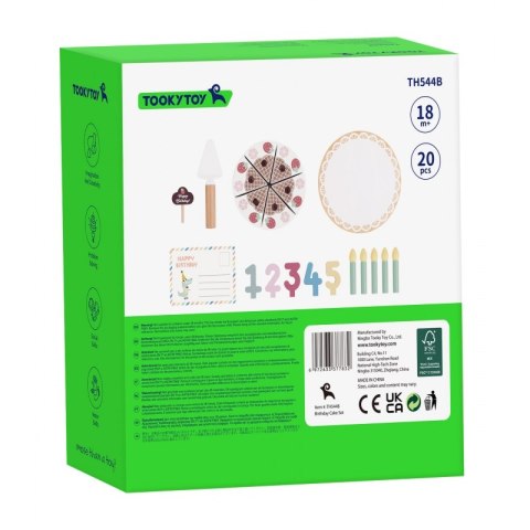 TOOKY TOY Drewniany Tort Urodzinowy do Krojenia na Rzepy ze Świeczkami i Kartką Urodzinową 20 el.