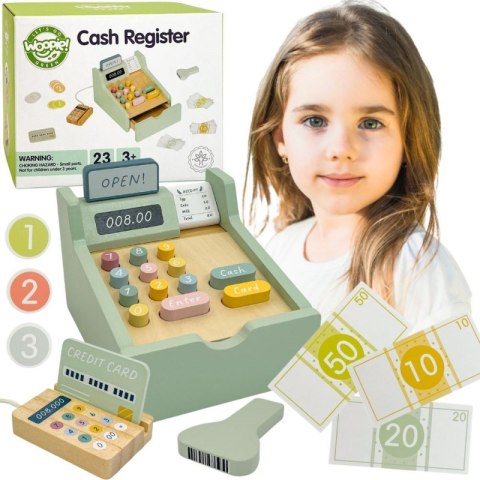 WOOPIE GREEN Drewniana Kasa Sklepowa Edukacyjna z Akcesoriami 23 el. FSC