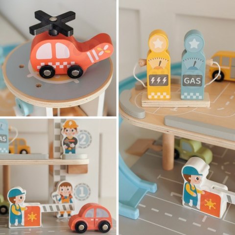 WOOPIE GREEN Drewniany Parking Piętrowy 2w1 Stacja Benzynowa z Autkami i Figurkami 12 el. FSC