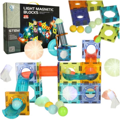Klocki magnetyczne konstrukcyjne marble tor kulkowy świecący 49 elementów Klocki magnetyczne konstrukcyjne marble tor kulkowy świecący 49 elementów